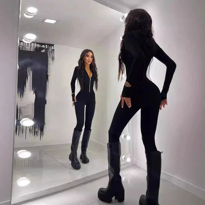 y2k American Autumn Popular Turtleneck Design Gothic Temperament Jumpsuits Long Sleeve Fashion Solid Color Zipper Female Clothes