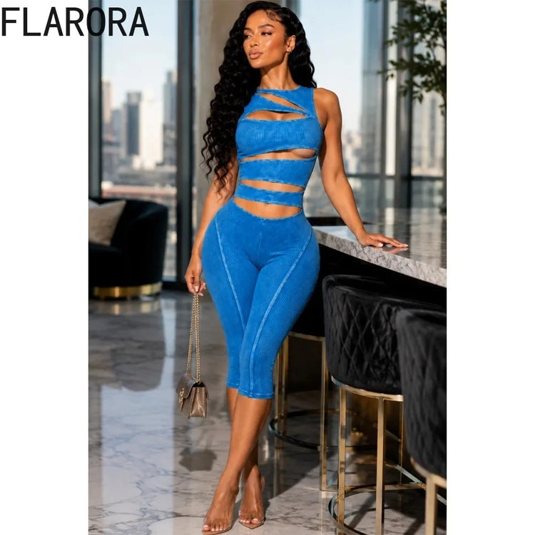 FLARORA Fashion Ribber Knitted Capri Jumpsuits Woman Sexy Hollow Out O-neck Sleeveless Zipper Skinny Playsuits Hottie Streetwear