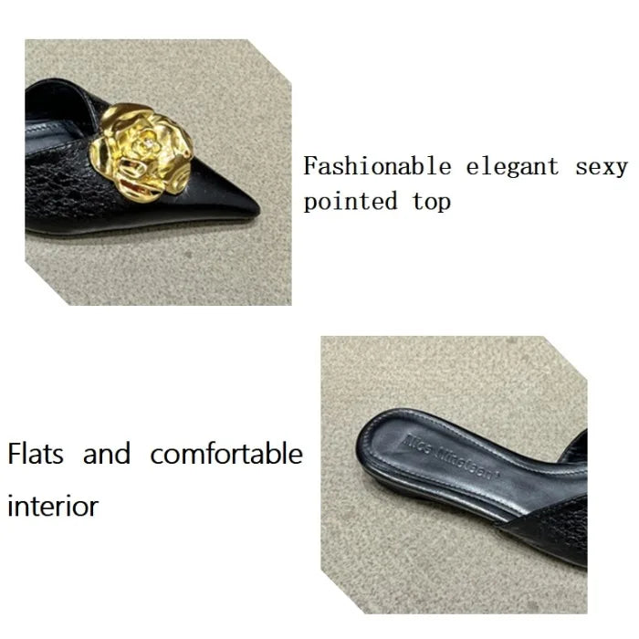 Flower Women Flats Slippers Pointed Toe Elegant Mules Shoes Fad Slingback Sandals 2025 Summer New Luxury Flip Flops Mujer Slides