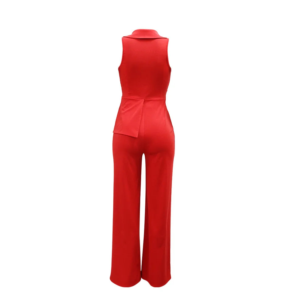 CMYAYA Elegant Womenv-neck High Waist Straight Sleeveless Blazer Jumpsuits 2024 Fall Street Chain Office Lady Party Rompers