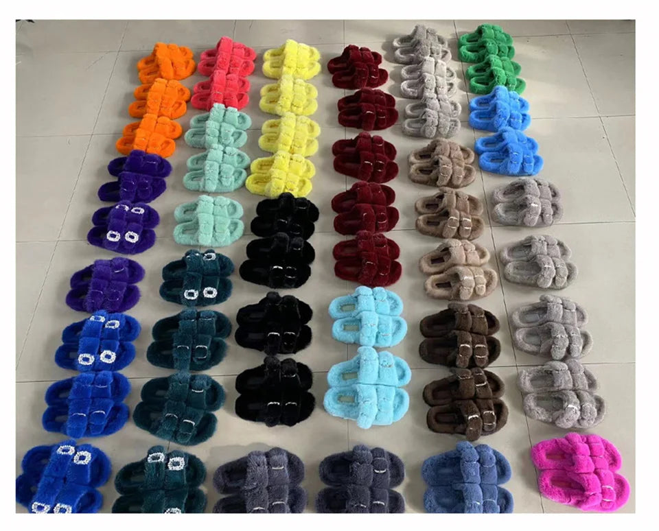 2025 New Women Fur Slippers Shoes Women Warm Winter Crystal Fur Shoes For Women Slippers Casual Plush Comfortable Mink Slippers