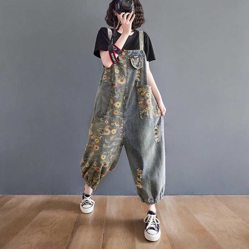 Casual Oversized Print Floral Denim Overalls For Women Loose Wide Leg Mom Jeans Rompers And Jumpsuit Cargo Straps Baggy Pants