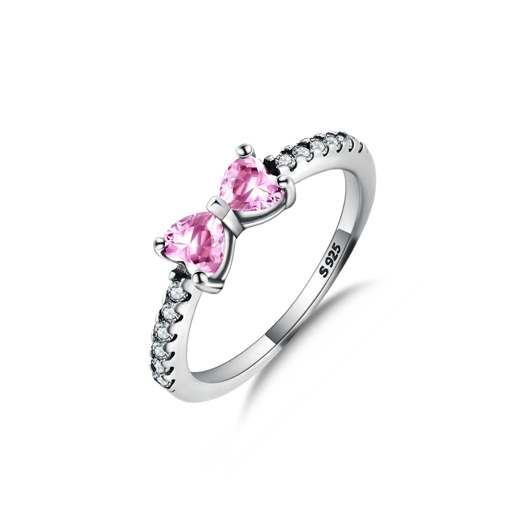 Silver Plated Pink Heart Bow Ring With CZ Accents Perfect Romantic Gift For Women Fashion Jewelry