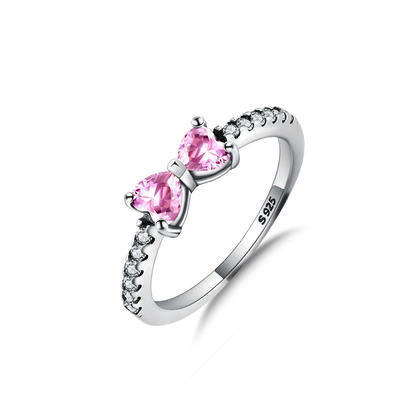 Silver Plated Pink Heart Bow Ring With CZ Accents Perfect Romantic Gift For Women Fashion Jewelry