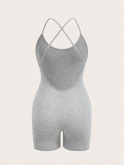  Sexy women 's Grey Cross Strap Bodysuit  Fitness Jumpsuit Women  Adjustable Sports  Shorts Backless Set Romper