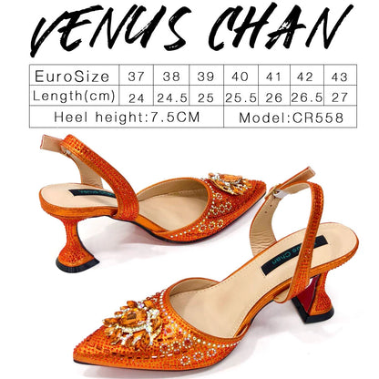 Venus Chan Italian Shoes and Bags Matching Set 2024 Nigerian Heel Party for Women Orange Colour Italian Design Wedding INS 2024