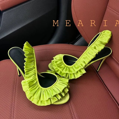 Solid Satin Ruffles Stiletto Sandals Women Elegant Back Strap Sweet Party Flower Shoes Ladies Open Toe Leopard Evening Sandals