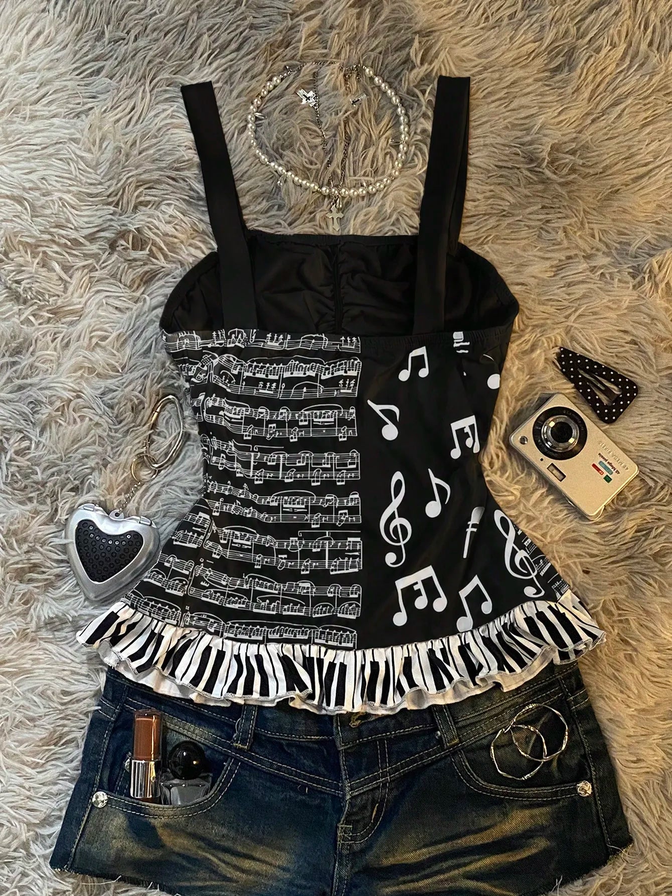 Y2K Music Note Print Cami Top Women White Ruched Bust Bow Piano Key Ruffle Hem Slim Fit Sleeveless Summer Streetwear Tank Top