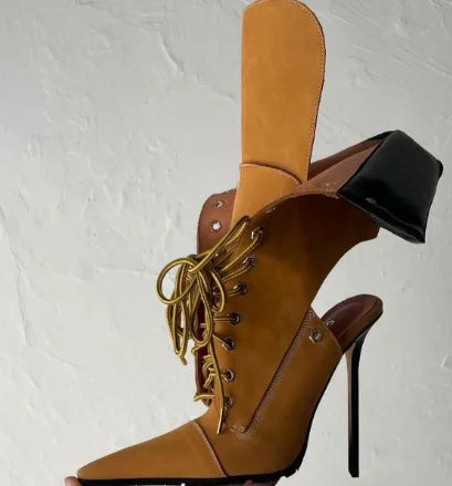Punk Style Bling Rhinestone Pointed Toe Mid-Calf Women Boots Stiletto High Heels Lace Up Design Large Size Fashion Show Shoes