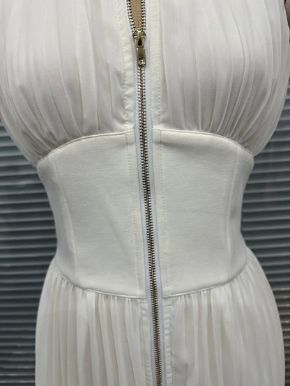 2026 New European-American Style White Crinkle Collar-Around Bodysuit for Women, Long Length, Wide Legs, Stylish, Sexy, Crinkle