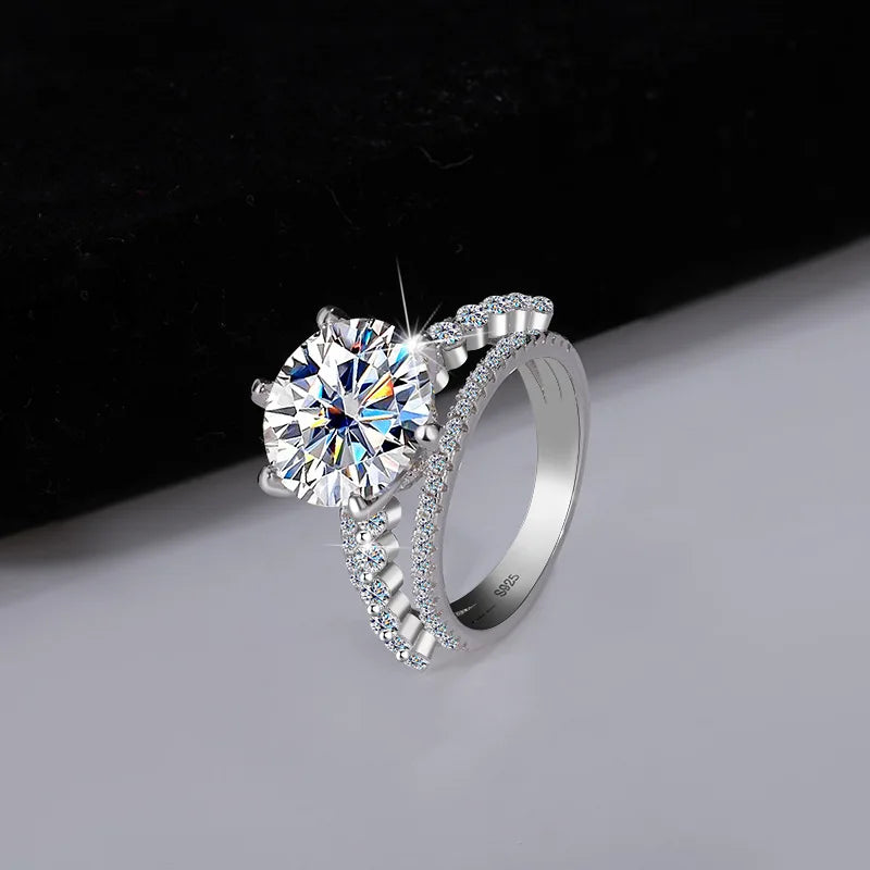 Classic Six-Claw PT950 Platinum Ring Set for Women, 5 Carat Moissanite, Sansheng Sanshi (Three Lives Three Worlds) Style