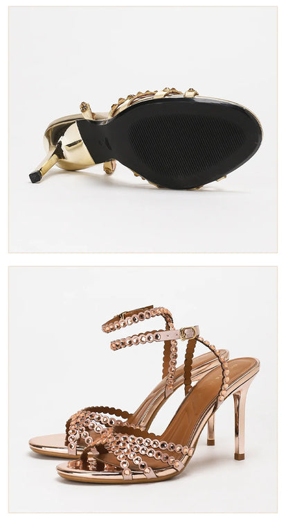 Luxury Crystal Cross Tied High Heel Sandals Women Sexy Open-toe Ankle Strap Buckle Stiletto Sandals Elegant Banquet Dress Shoes