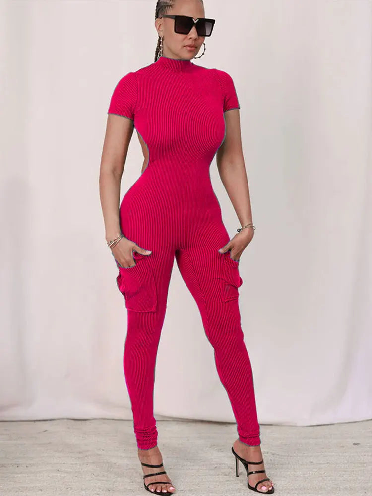 Spring New Women's Jumpsuits Sexy Sweet Pink Hollow Out Jumpsuit Streetwear Fashion Pockets Short Sleeve Female Elegant Rompers