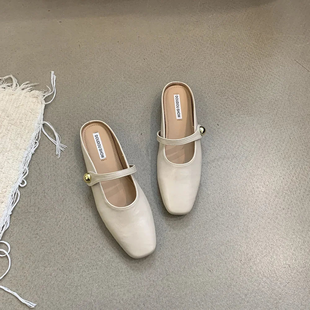 Soft Leather 2025 Ins Silver Buckle Strap Casual Shoes Fashion Flats Elegant Glitter Metallic Mules Shoes Cover Toe Slippers