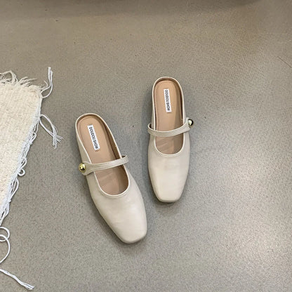 Soft Leather 2025 Ins Silver Buckle Strap Casual Shoes Fashion Flats Elegant Glitter Metallic Mules Shoes Cover Toe Slippers