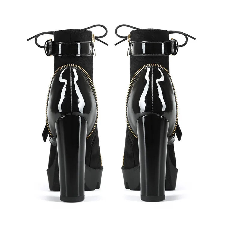 Design Women Black Leather Round Toe Rivets Metal Zippers Block High Heel Thick Bottom Ankle Boots Belt Buckles Platform Boots
