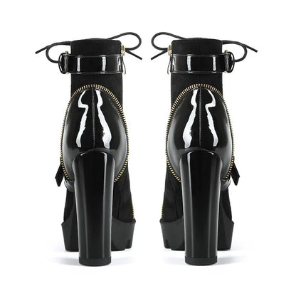 Design Women Black Leather Round Toe Rivets Metal Zippers Block High Heel Thick Bottom Ankle Boots Belt Buckles Platform Boots