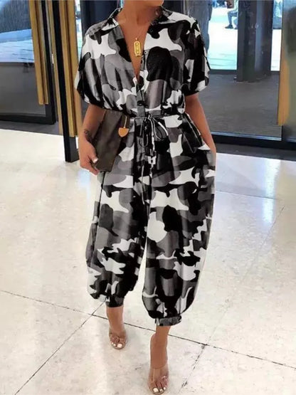 2025 Summer New Dot Leopard Print Jumpsuit Women Short Sleeve Leace-up Pocket Casual Jumpsuits Fashion Vintage Ladies Bodysuits