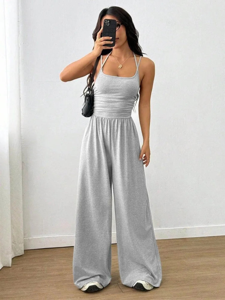 Spaghetti Strap Jumpsuit Square Neck Ruched Waist Wide Leg Long Pant Outfit For Women Daily Travel Outdoor Casual Lounge Stylish Garment