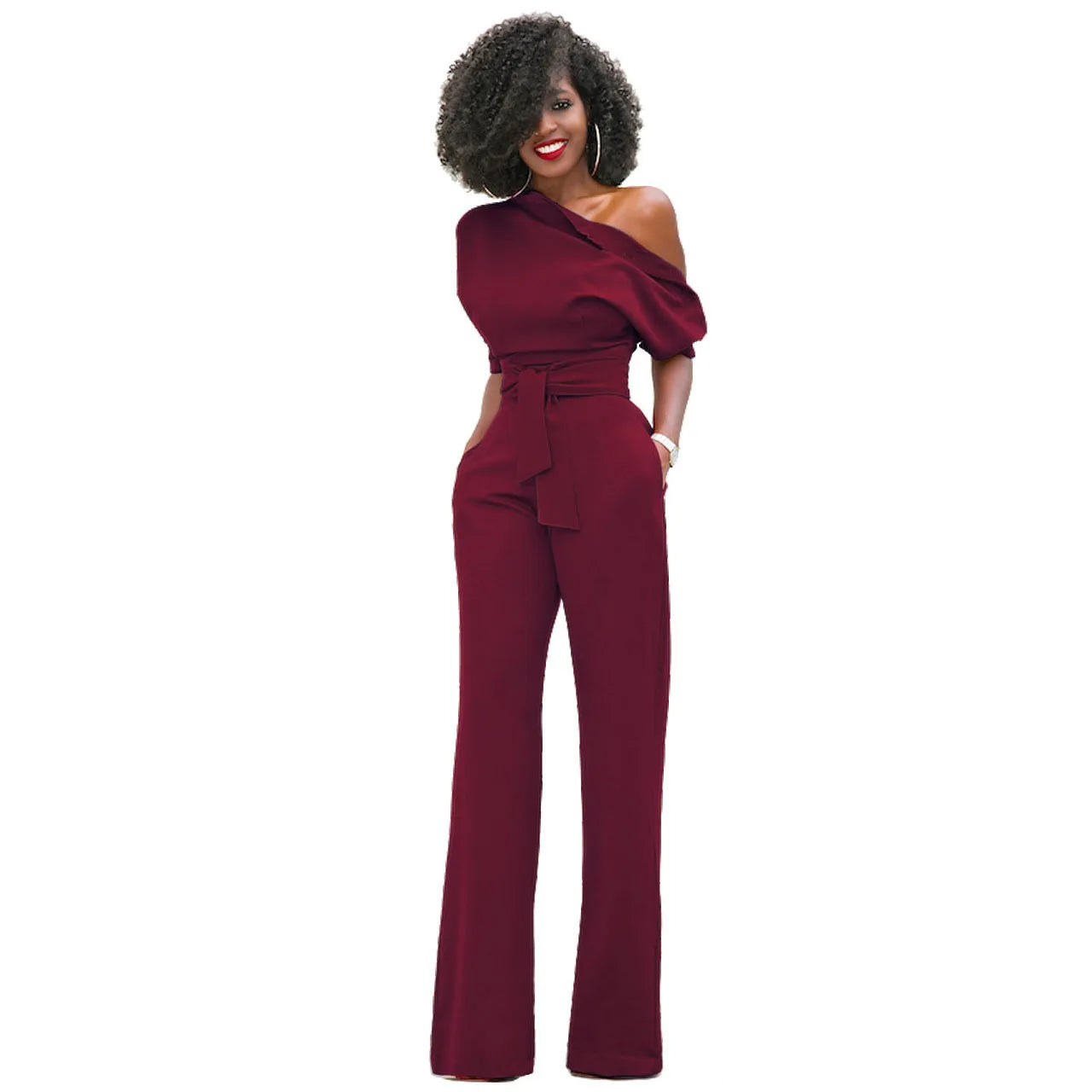 2024 Summer New Fashion Women's Jumpsuit Solid Color Slanted Shoulder Elegant Temperament Sleeveless Long Wide Leg Jumpsuit