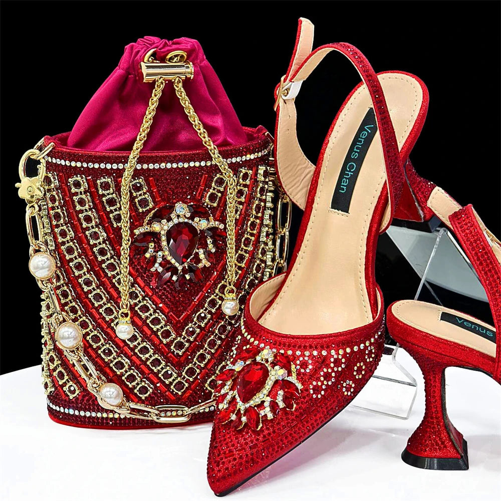 Venus Chan Italian Shoes and Bags Matching Set 2024 Nigerian Heel Party for Women Orange Colour Italian Design Wedding INS 2024
