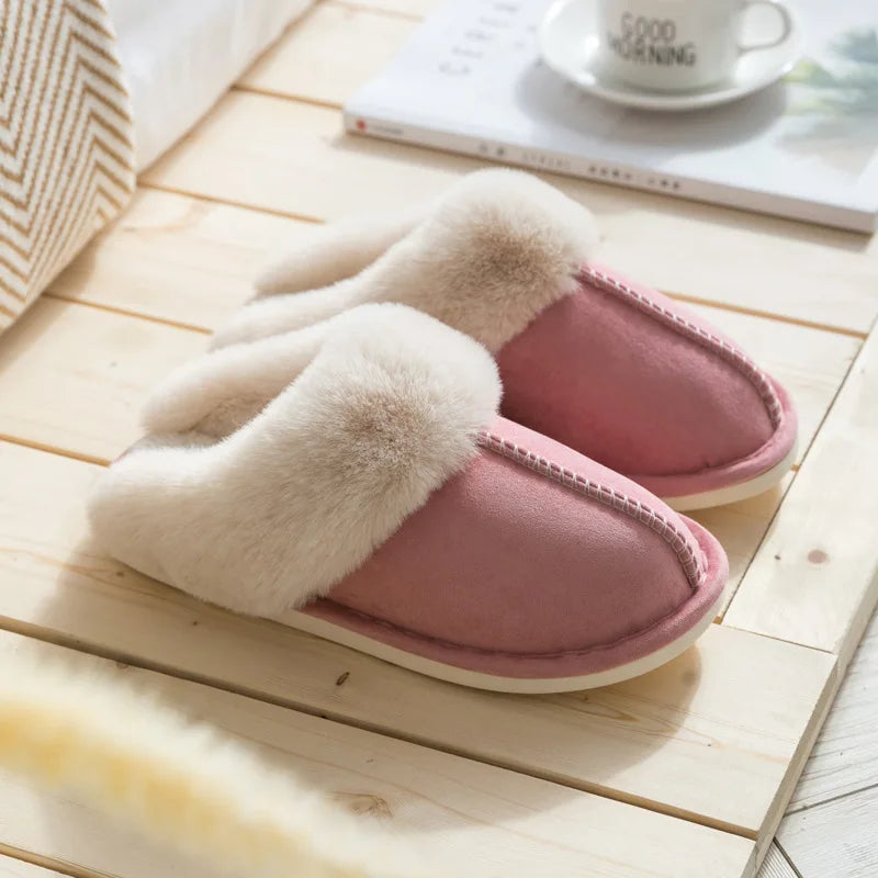 2025 Winter Warm Home Fur Slippers Women Luxury Faux Suede Plush Couple Cotton Shoes Indoor Bedroom Flat Heels Fluffy Slippers