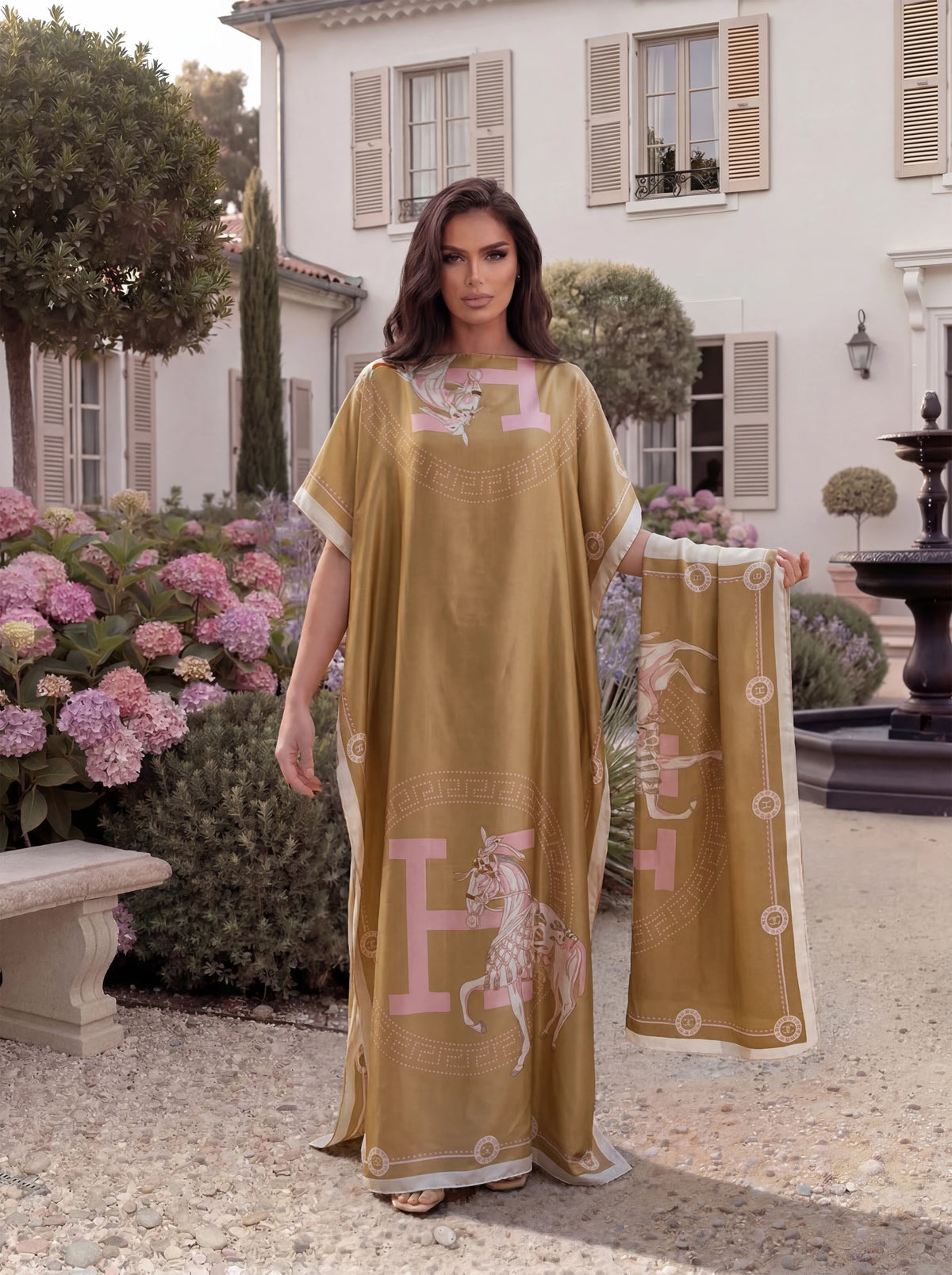 Luxury Horse Letter Print Satin Abaya Scarf Set, Loose Batwing Maxi Kaftan for Muslim Women Summer Beach Holiday Wear