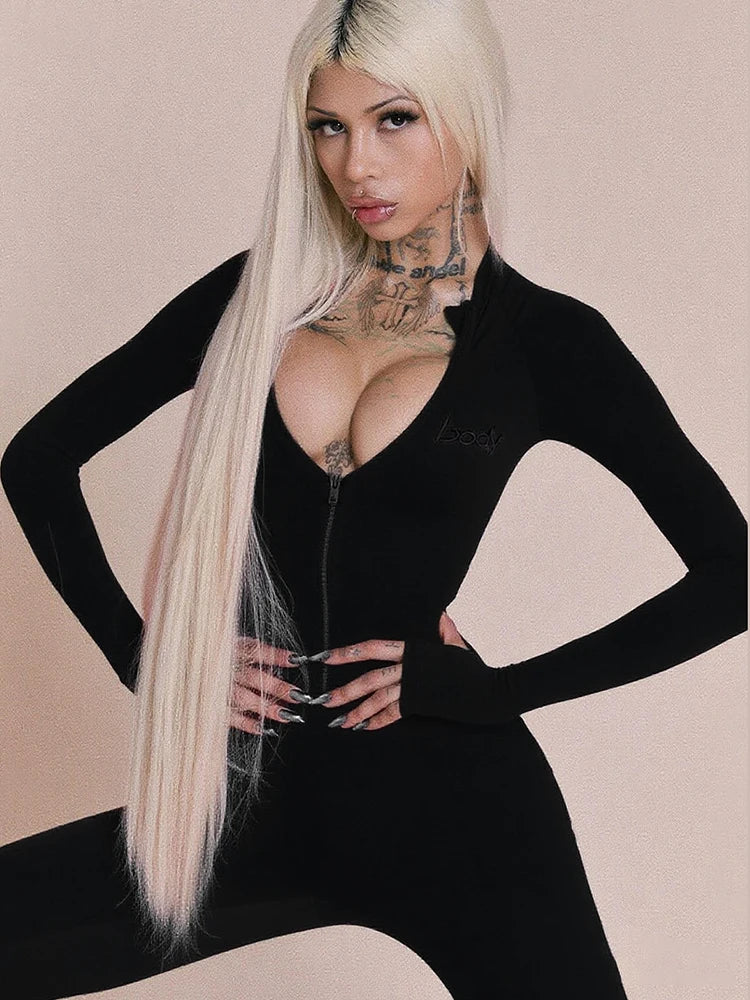 Weird Puss Basic Flared Jumpsuit Women Zip Letter Embroidery Full Sleeve Coquette Stretch Skinny Midnight Party Workout Overalls