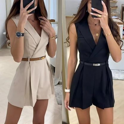 Women Playsuits Solid Turn Down Collar Rompers One Piece High Waist Sleeveless Jumpsuits Shorts Elegant Office Lady Summer 2026