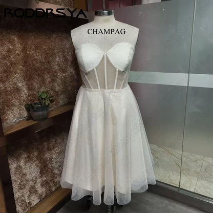 RODDRSYA Short Sparkly Wedding Dress Knee Length vestidos de novia Strapless Glitter Tulle Bride Dresses A Line Sleeveless Women