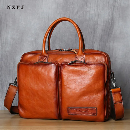 Retro Leather Men's Briefcase Top Layer Leather Handbag Casual Shoulder Messenger Bag Business Laptop Bag Trendy Men's Bag NZPJ