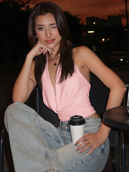 Dulzura Halter Swinging Collar Sleeveless Backless Bodycon Tank Top Solid Sexy Casual Y2K Tops Party Club Street Summer Clothes