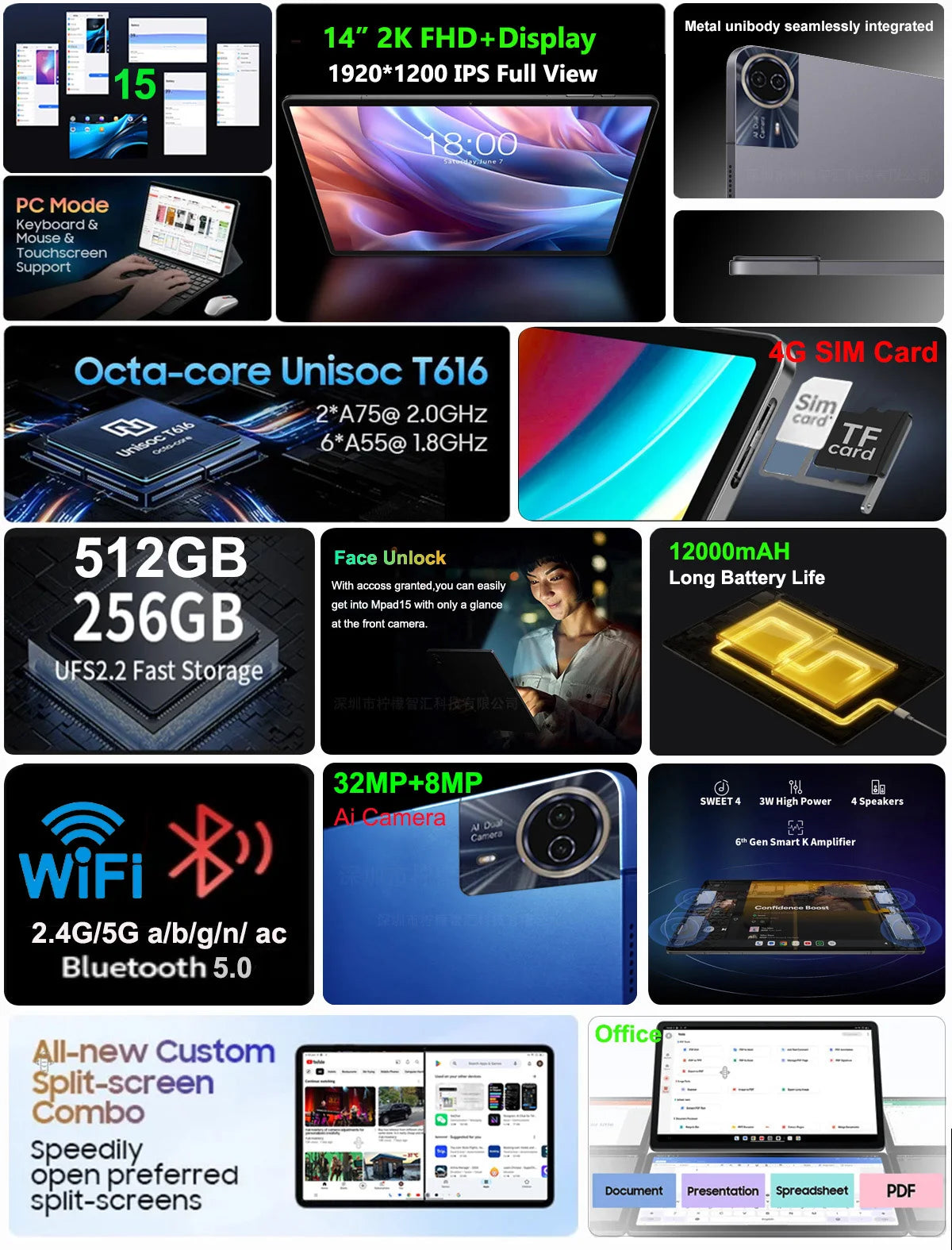 Mpad15 Large Screen 14 inch Tablet 16GB+512GB 1920*1200 IPS 4G Phone Call Android 15 Tablet 14' Octa Core 32+8MP Bluetooth WiFi