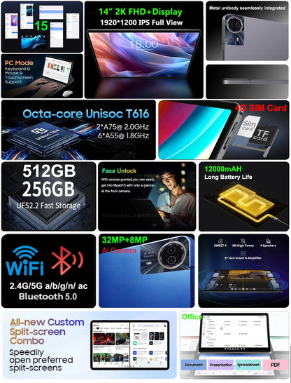 Mpad15 Large Screen 14 inch Tablet 16GB+512GB 1920*1200 IPS 4G Phone Call Android 15 Tablet 14' Octa Core 32+8MP Bluetooth WiFi