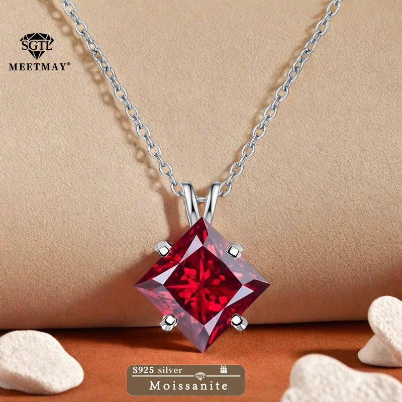 BOCARMAN S925 Sterling Silver Necklace with Colorful Princess Cut Moissanite Inlay Clavicle Chain Pendant for Women Gift