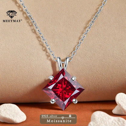 BOCARMAN S925 Sterling Silver Necklace with Colorful Princess Cut Moissanite Inlay Clavicle Chain Pendant for Women Gift