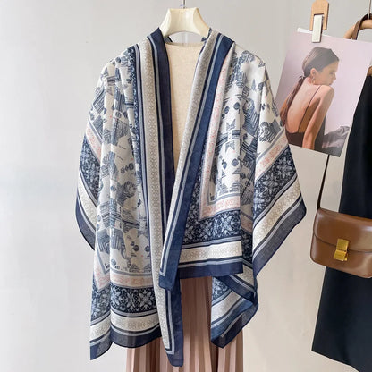 Sun Protection Silk Scarf Women's Retro Ethnic Style Cotton Linen Beach Holiday Wrap Shawl Outerwear Geometric Print Korean S...
