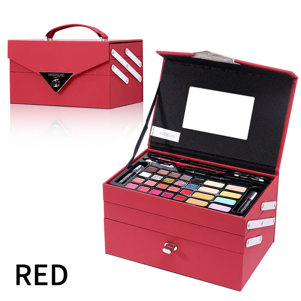 Portable Makeup Case Set Eyeshadow Lipstick Eyeliner Lip Liner Blush Complete Facial Cosmetic Kit, Ideal Holiday Gift Makeup Set