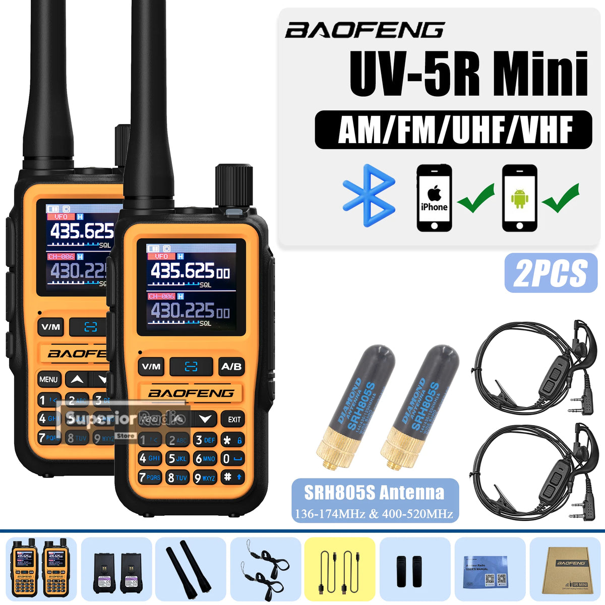 Baofeng UV-5R Mini Two Way Radio Orange BF-5R Mini Walkie Talkie Bluetooth Power Adjustable Tiny Size 1/2/4PCS Frequency Copy 5W