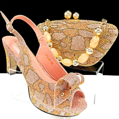 Gold Pointed Toe High Heels for Women Mixed Rhinestones Pumps Italian Shoes and Bags Matching Set For Elegant Party 38-43