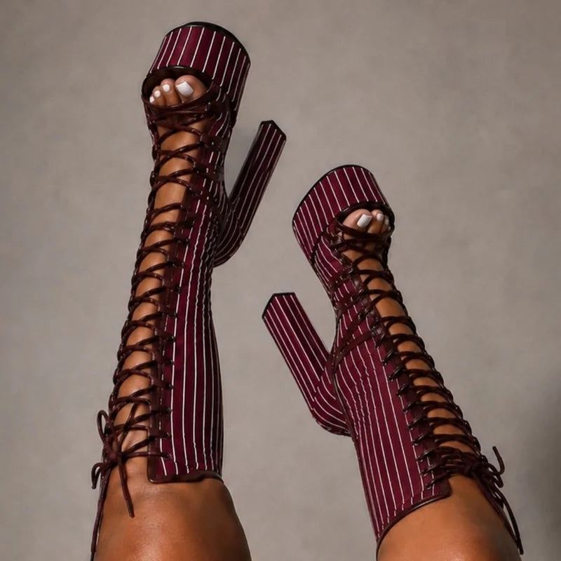 Striped Lace Up Hollow Out Platfrom Sandal Boots Sexy Round Toe Square Heel Customized New Arrivals Fashion Women Modern Shoes