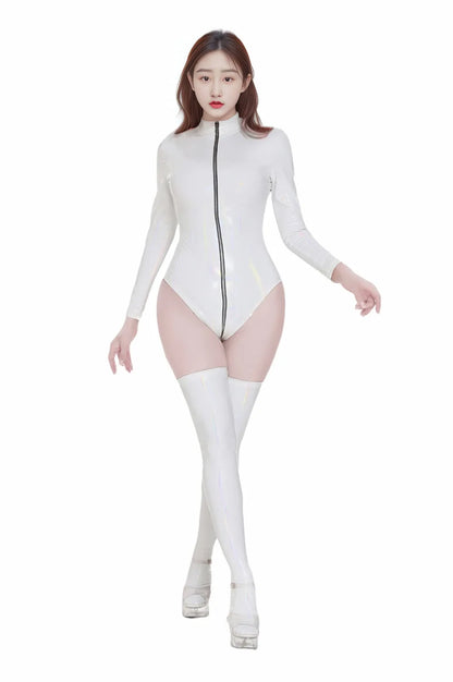 Sexy Women PVC Glossy Shiny High Cut Bodysuit Bandage Leotard Dance Wear Long Sleeve PU Latex Cosplay Maid Tight Catsuit