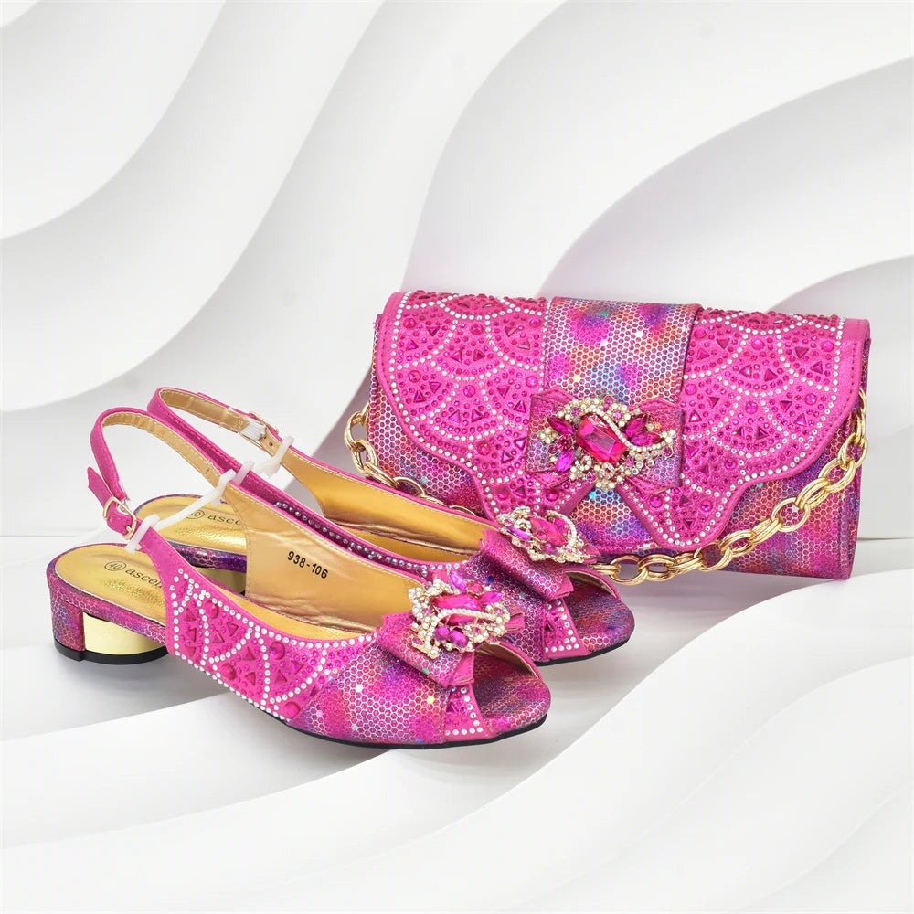 Elegant Peep Toe Low Heels Rhinestone Handbag Set for Women Bag and Shoe Woman Set Luxury Wedding Party Footwear and Accessory