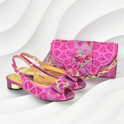 Elegant Peep Toe Low Heels Rhinestone Handbag Set for Women Bag and Shoe Woman Set Luxury Wedding Party Footwear and Accessory
