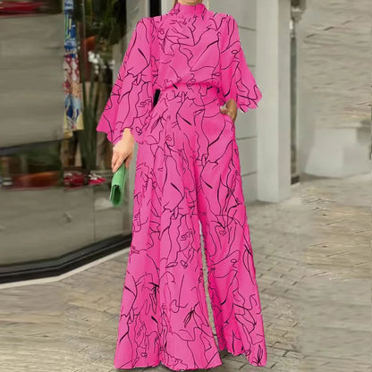 Casual Elegant Jumpsuits Women Autumn New Loose Long Pants Long Sleeve Printed High Waist Wide Leg Jumpsuit Commuting Playsuits