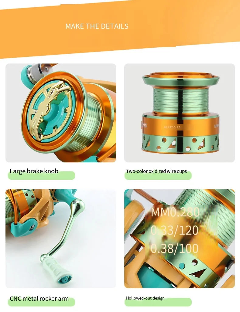 2026 New Colorful Spinning Fishing Reel Max Drag 6KG 8KG Gear Ratio 5.2:1 1000 2000 3000 5000 6000 Suitable Freshwater