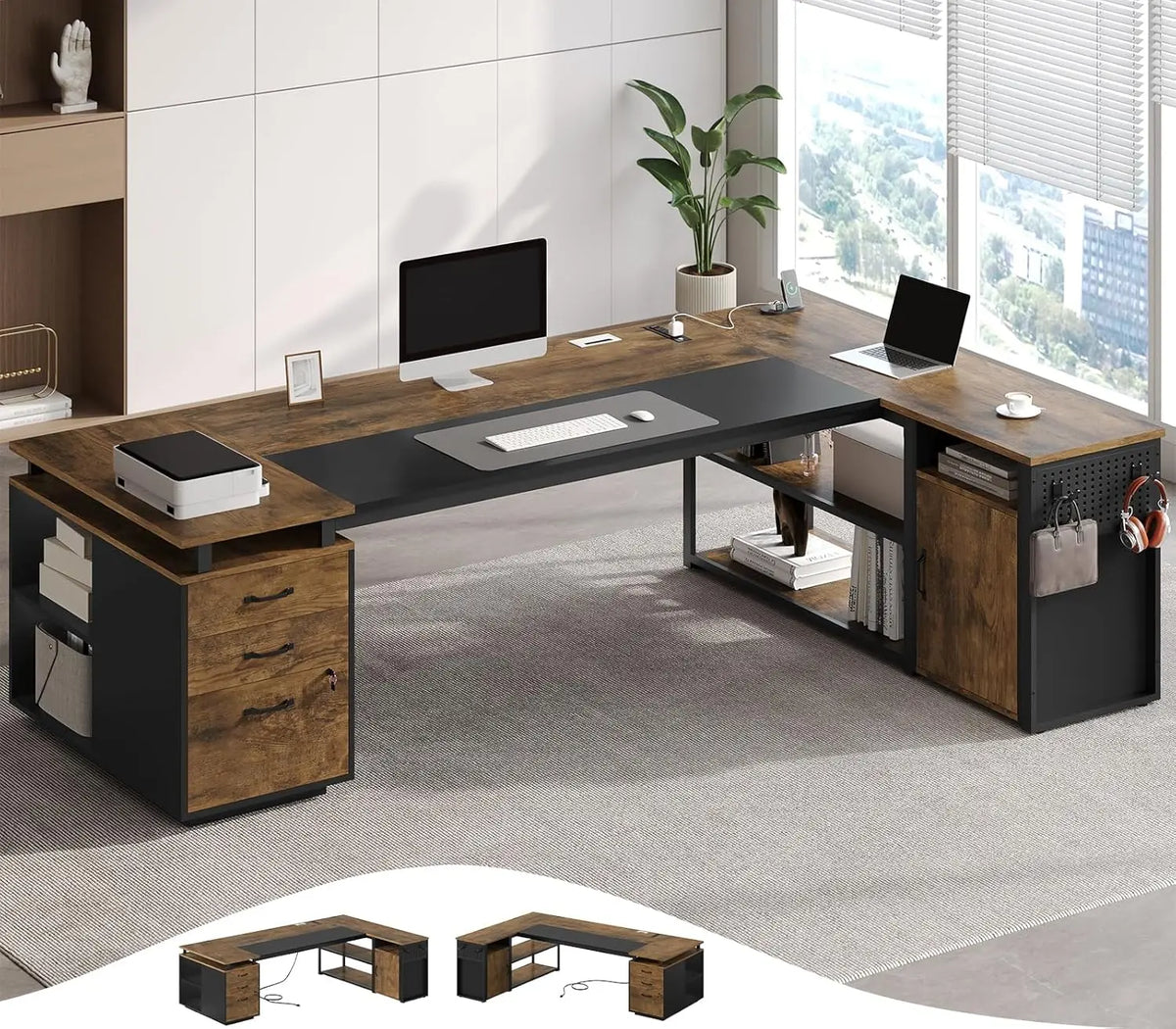 78" Executive Desk with Lockable File Cabinet, L Shaped Office Desk with Power Outlets, Large Executive Desk with, Customized