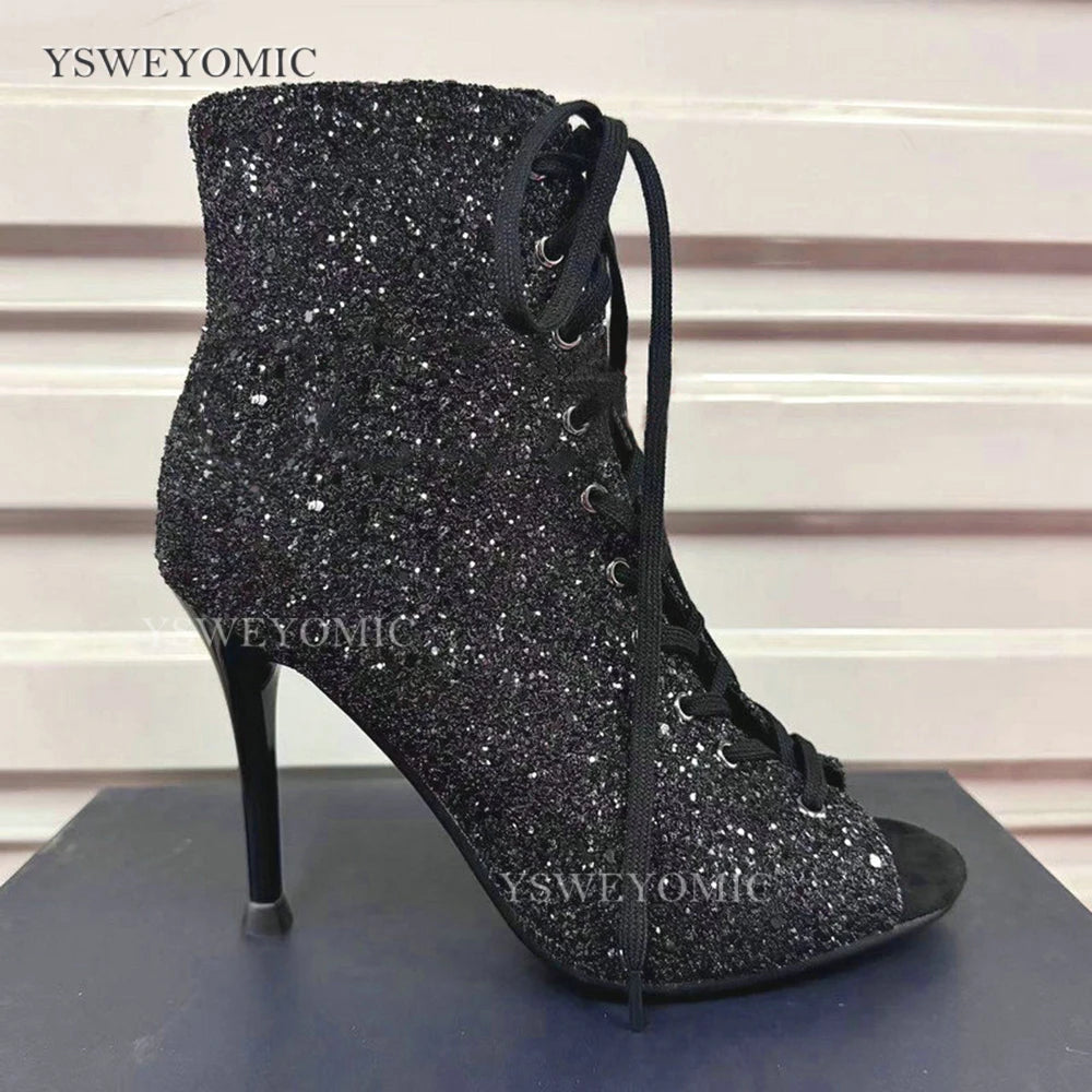 Dance Heels Champagne Black Sparkly Glitter Rubber Sole 10cm Professional High Heel Dance Shoes Salsa Women Dance Party Shoes