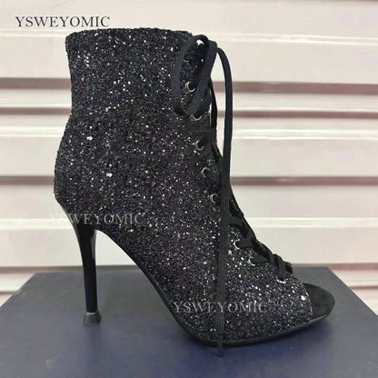Dance Heels Champagne Black Sparkly Glitter Rubber Sole 10cm Professional High Heel Dance Shoes Salsa Women Dance Party Shoes