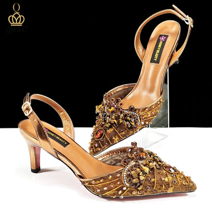 QSGFC Nigerian Style Elegant Women Heels Shoes And Bag Set Rhinestone with Coral Shoes Wedding Party